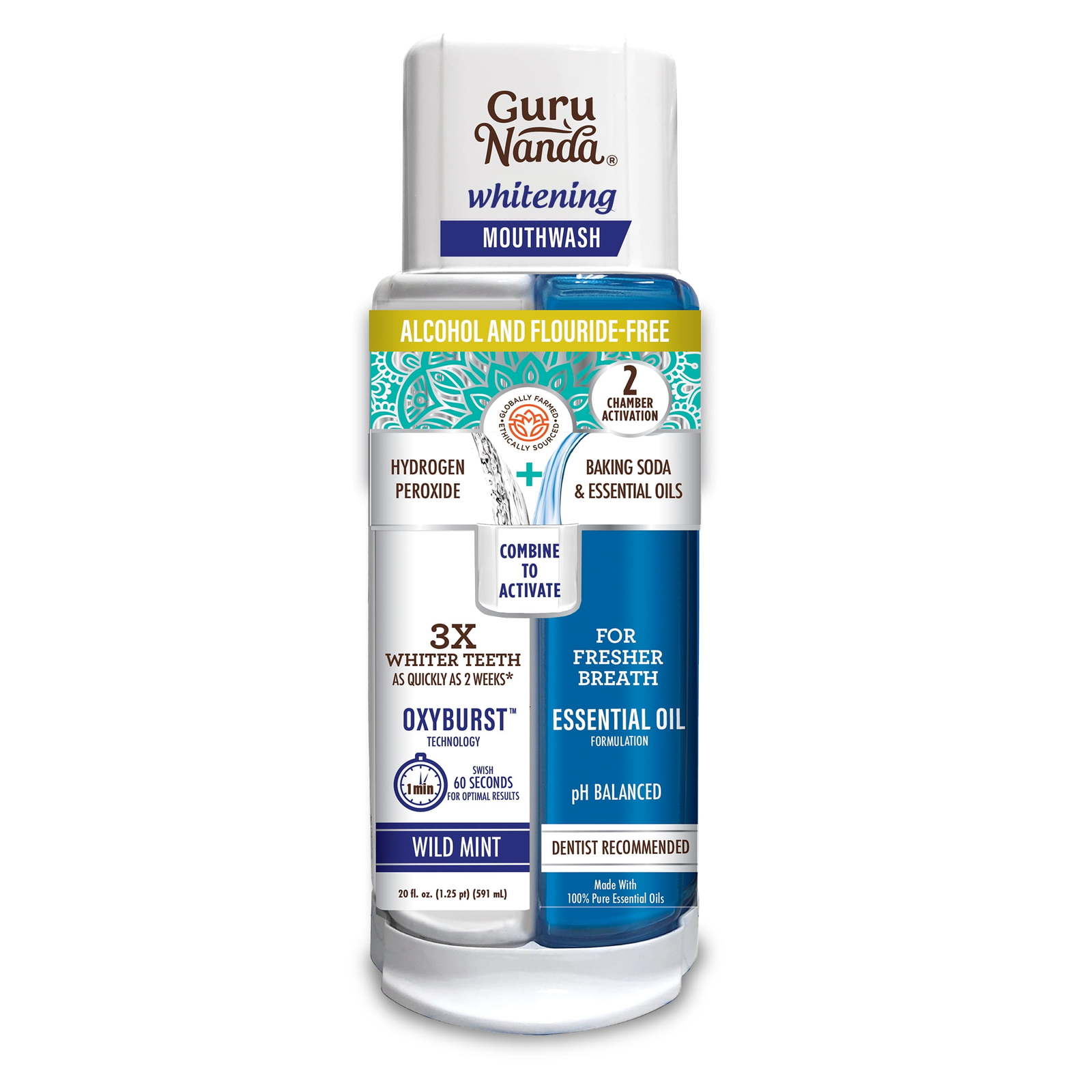 GuruNanda Teeth Whitening Dual Barrel Mouthwash - Alcohol Free | Wild Mint, 20oz