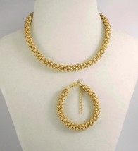 Pearl-Gold-Brown checkered Jewelery set: beaded rope necklace and bracelet - $54.00