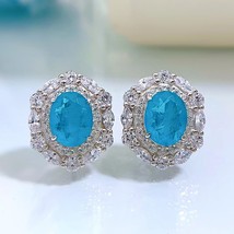 100% 925 Sterling Silver 7*9Paraiba High Carbon Diamond Stud Earrings  For Women - £40.12 GBP