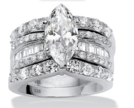 Marquise Cut Cz Bridal 3 Piece Ring Set Platinum Sterling Silver 6 7 8 9 10 - £240.54 GBP