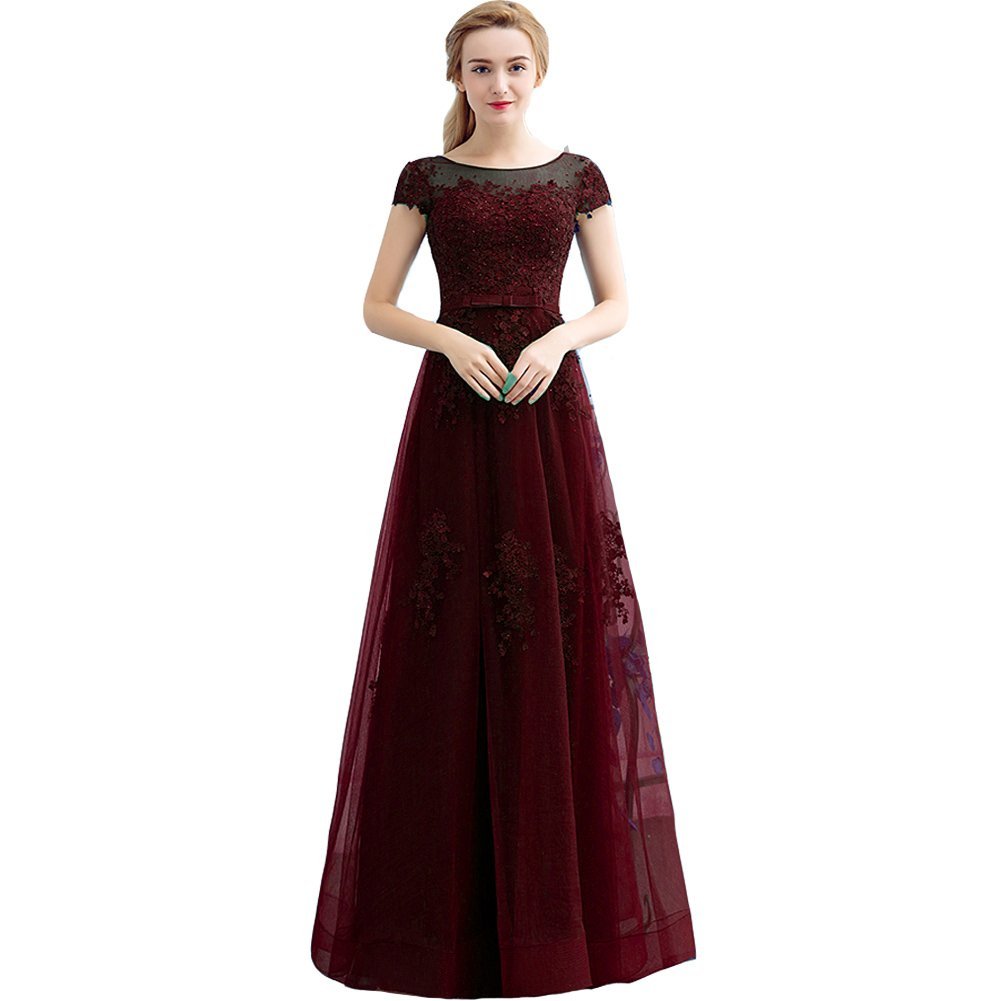 Kivary Bateau Sheer Short Sleeves Long Beaded Prom Evening Dresses Burgundy US 1