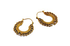 Gold Ethnic Hoop Earrings, Indian Filigree Creoles, Gypsy Tribal Hoops - £14.15 GBP