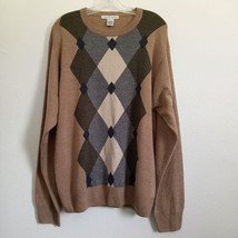 Vintage Geoffrey Beene Argyle Sweater 80s Pullover Long Sleeve Tan Gray ... - $57.00