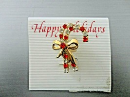 Happy Holidays Costume Jewelry Candy Cane Pin Red White Gold 1 1/2&quot; - £5.88 GBP