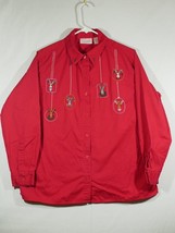 Vtg Basic Editions Button Front Christmas Shirt Reindeer Ornaments Holly Large - £11.95 GBP