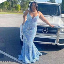 Sexy Plus Size Long Sky Blue Prom Dresses For Black Girls - £132.90 GBP
