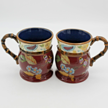 Tracy Porter 2 Mugs Cerise Collection Hand Painted Footed Coffee Brown F... - $21.79