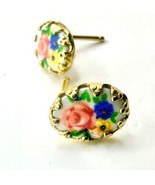 Vintage 12k GF Earrings Porcelain Flower Cameo Stud 1/20 Gold Filled  - £16.25 GBP