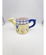 A Yellow Ceramic Watering Pitcher Trimmed In Blue With A Floral Design - £11.05 GBP