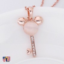Rose Gold Tone Mouse Ear Heart Key Jewelry Rhinestone Crystal Necklace Pendants - $6.93