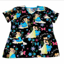 Disney Women’s Scrub Shirt Black FROZEN Elsa &amp; Anna Flowers Floral Size ... - $14.99