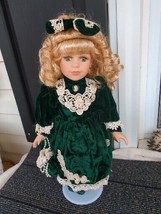 Doll 17&quot; Blonde Hair Green Eyes Green Velour Dress Lace Trim Collector&#39;s Choice - £27.59 GBP