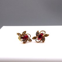 Vintage Dainty Crystal Flower Earrings, Tiny Studs with Red and White Floral - £25.43 GBP