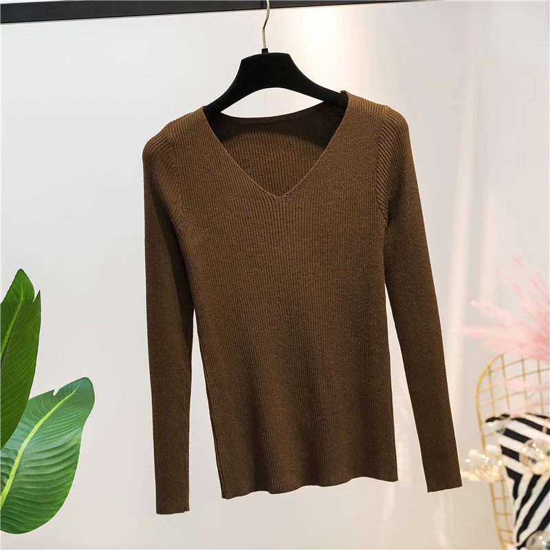 Dark Brown Autumn And Winter V-neck Knitted Long-sleeved Slim - £28.42 GBP