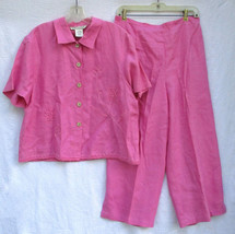 John Paul Richard Pink All Linen Embroidered  Blouse and Cropped Pants Set LARGE - £34.06 GBP