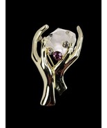 Vintage Signed AJC Hands Holding Diamond Gold Tone w Rhinestones Brooch Pin - $18.22
