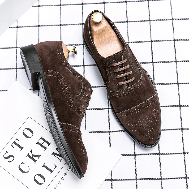 Brogue shoes suede brown black breathable lace up flock hard wearing business men dress thumb200