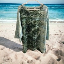 Bob Mackie Wearable Art Green/Blue Palm Leaf Print  3/4 Sleeve Tunic Top... - $45.53