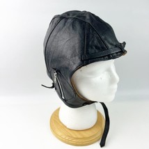 Vintage Aviator Black Leather Motorcycle Cap Hat Buckle Suede Medium Retro WW2 - £39.95 GBP