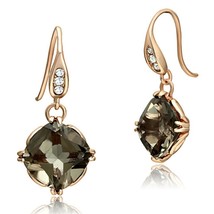 Rose Gold Plated Stainless Steel Smokey Quartz Cushion Cut CZ Earrings - £13.66 GBP