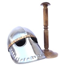 Brass Trim Italo-Norman Medieval Helmet W/ Leather Liner & Wooden Display Stand image 5