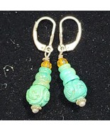 Asian Design Carved Turquoise Acrylic Amber Bead Sterling Silver Earring... - $31.82 CAD