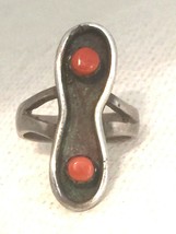 Vintage Sterling Silver Southwest Tribal Ring Coral Size 4  Pinky Handmade - £34.02 GBP