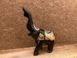 Black Lacquered Miniature Elephant With Gold Design Hand Painted 3&quot; - £7.36 GBP