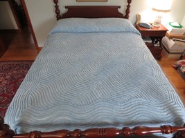 Vtg. Plush Solid Blue Wavy Chenille Ball Fringed Bedspread Cutter - 92&quot; X 106&quot; - £63.14 GBP