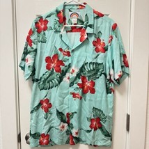 Paradise Found Womens Medium Teal Red Hibiscus Hawaiian Shirt Short Sleeve - $28.05