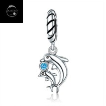 Dolphin Mum And Baby Sea Dangle Charm Genuine Sterling Silver 925 For Bracelets  - £15.73 GBP