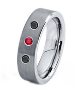 Titanium Pipe Cut Flat Ring With Genuine Black Diamond and Created Ruby - Silver - £126.41 GBP