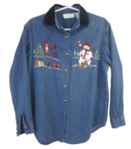 Casey &amp; Max Vintage 90s Womens Christmas shirt denim applique embroidery snowman - £21.91 GBP