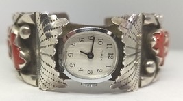 Vintage Southwestern Sterling Silver Watch Cuff Bracelet W/ Coral - £199.65 GBP