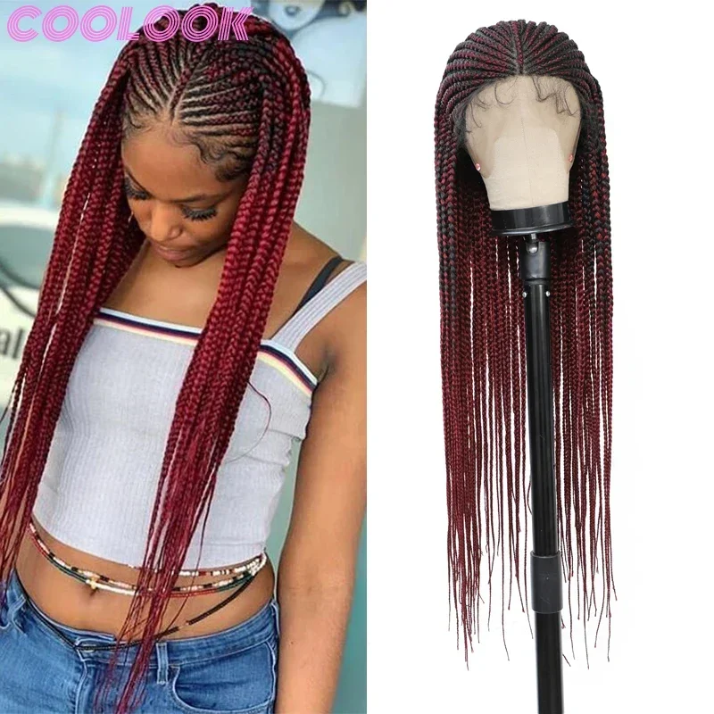 Ombre Red Box Braid Wig with Baby Hairs Long Cornrow Braid Lace Front Wigs f - £100.09 GBP