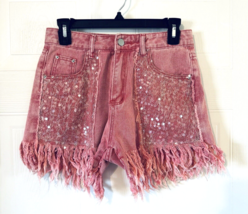 Happlan NWT Jean Pink Denim Shorts Embellished Lace Front Pockets &amp; Fringe Small - £14.74 GBP