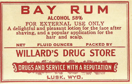 1 Vintage Pharmacy Label BAY RUM Alcohol 58% Willard&#39;s Drug Store Lusk W... - £20.71 GBP