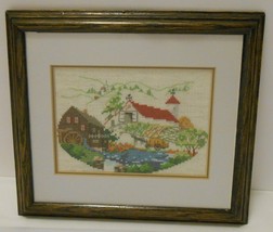 AUTUMN in the COUNTRY Counted Cross Stitch EMBROIDERY Art Framed 10 x 11&quot; - $49.95