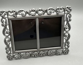 Picture Frame Dual Brushed Silver Tone  Metal Glass Hearts Flowers 6.5 x 5&quot; 2x3&quot; - £14.16 GBP