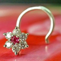 0.25Ct Simulated Ruby &amp; Diamond Flower Style Nose Pin Ring 14K White Gold Plated - £16.52 GBP