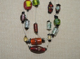 Glass lampwork bead &amp; black stone necklace 13-15&quot;+ strung on fine wire unmarked - £8.50 GBP