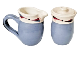 Set 2 Creamer and Sugar Dish Hand Thrown Stoneware Pottery Blue Hand Painted - £13.77 GBP