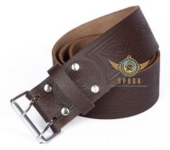 Brown Leather KILT BELT Medieval Knot Brown Embossed Belt Double Prong Belt - $27.00