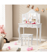 Vanity Table Set Makeup Dressing Table Stool Mirror White - $2,185.52 MXN