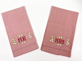 Set of 2 Vintage Embroidered Hand Towels MR and MRS Dusty Rose Cotton Cutter? - £8.55 GBP
