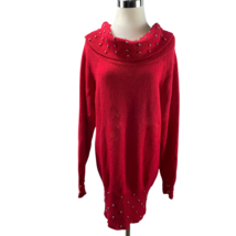 Vintage 80s Sweater Dress Red Beaded Short Cowl Neck Stretch Light - £39.00 GBP