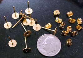 6mm Gold plated steel flat pad earring posts &amp; backs  fpe051 - $2.92