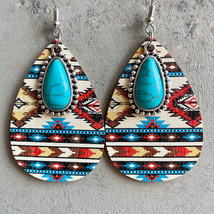 Aztec Pattern Wood Turquoise Teardrop Earrings for Women New Western Inspired Ea - £9.46 GBP