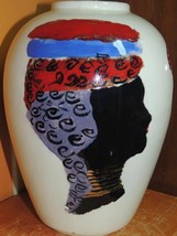 Africa theme 9.5&quot; Vase Hand Painted handmade mark KC ceramic Vintage art... - $17.09