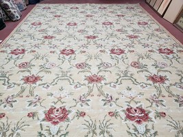 Needlepoint Rug 10x14 Flatweave English Allover Floral Pale Yellow Large Carpet - £2,141.73 GBP